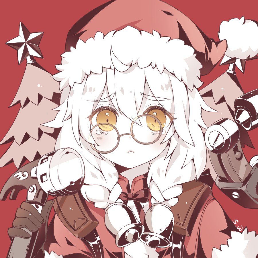 :&lt; ahoge atobesakunolove bell blonde_hair blush braid chinese_commentary christmas christmas_tree closed_mouth commentary_request copyright_request eyebrows_visible_through_hair fur_trim glasses hair_bell hair_ornament hammer hat holding looking_at_viewer red_hat santa_costume santa_hat solo tearing_up tears twin_braids yellow_eyes