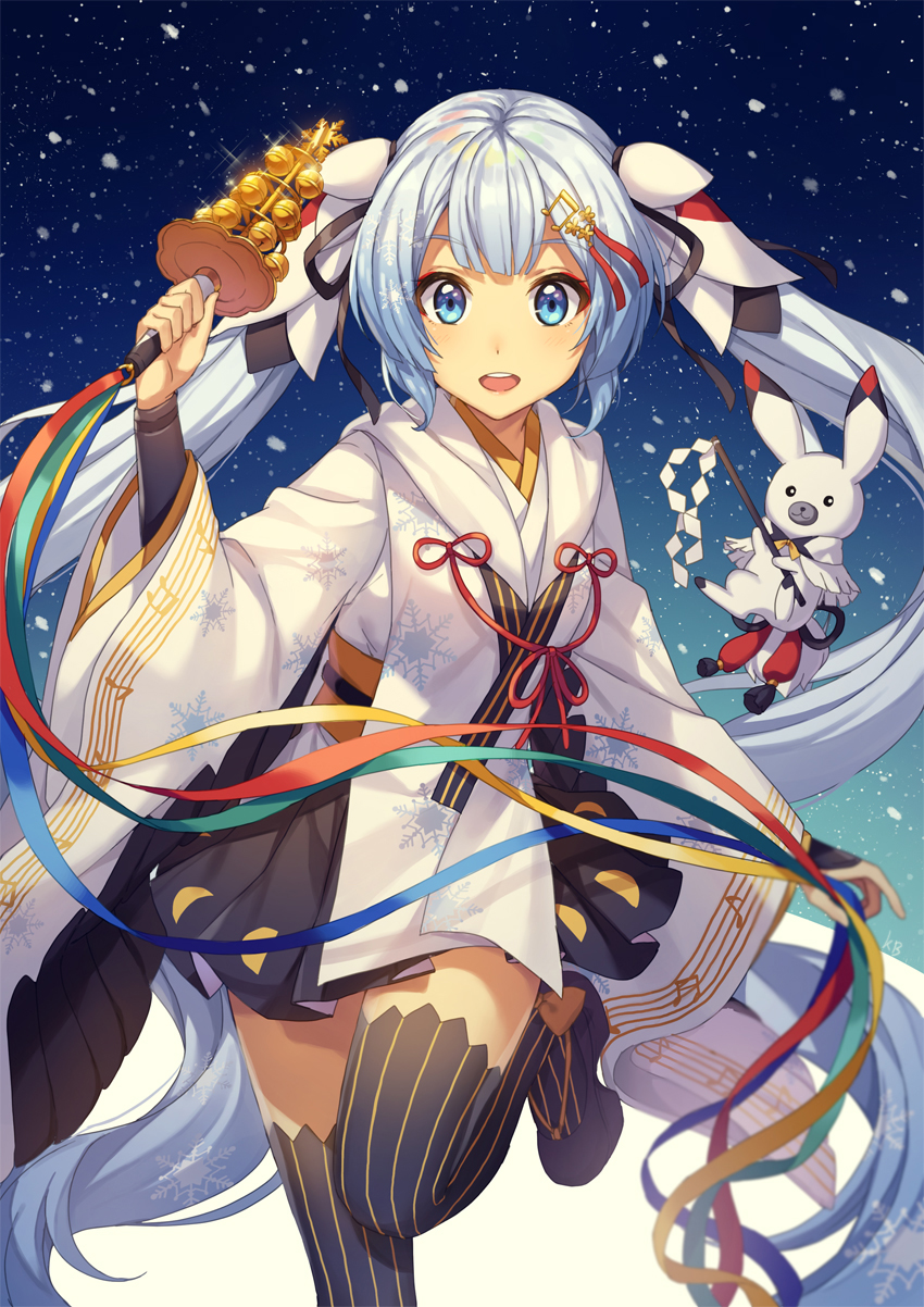 :d animal bangs beamed_eighth_notes bell black_footwear black_legwear black_ribbon black_skirt blue_eyes bow bunny capelet commentary_request eighth_note eyebrows_visible_through_hair gohei hair_ribbon hatsune_miku highres holding japanese_clothes jingle_bell kagura_suzu kim_bae-eo kimono long_hair long_sleeves looking_at_viewer musical_note musical_note_hair_ornament musical_note_print obi open_mouth orange_bow pleated_skirt ribbon sash shide shoes short_kimono sidelocks silver_hair skirt smile standing standing_on_one_leg striped striped_legwear thighhighs twintails upper_teeth vertical-striped_legwear vertical_stripes very_long_hair vocaloid white_capelet white_kimono wide_sleeves yuki_miku yukine_(vocaloid)