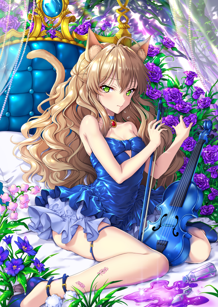 ahoge animal_ears bangs bare_arms bare_shoulders blue_choker blue_dress blue_footwear blush breasts cat_ears cat_girl cat_tail choker cleavage closed_mouth collarbone commentary_request crying crying_with_eyes_open curly_hair dress eyebrows_visible_through_hair flower green_eyes hair_between_eyes holding instrument light_brown_hair long_hair looking_at_viewer original pink_flower potion purple_flower purple_rose rose shoes sitting small_breasts solo spill strapless strapless_dress tail tears transparent uchuu_gorira very_long_hair violin wariza
