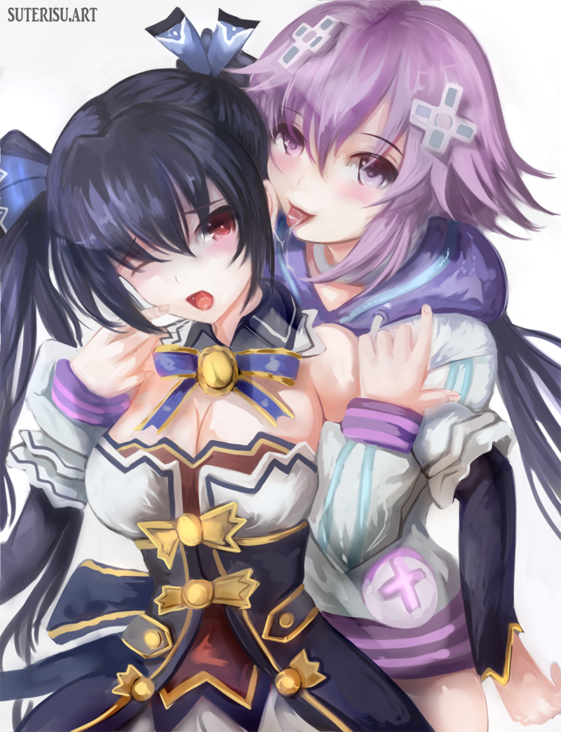 artist_name bare_shoulders black_hair blush breasts choker cleavage commentary_request d-pad d-pad_hair_ornament detached_collar detached_sleeves ear_licking hair_between_eyes hair_ornament hair_ribbon hood hooded_jacket jacket licking long_hair medium_breasts multiple_girls neptune_(choujigen_game_neptune) neptune_(series) noire one_eye_closed purple_eyes purple_hair red_eyes ribbon saliva saliva_trail short_hair simple_background smile suterisu twintails very_long_hair white_background yuri