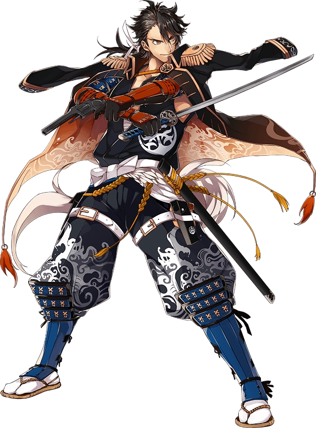 armor black_gloves brown_hair epaulettes full_body gloves gun handgun jacket_on_shoulders japanese_armor japanese_clothes katana kiwame_(touken_ranbu) kote male_focus mutsu-no-kami_yoshiyuki nitaka_(fujikichi) official_art sandals sheath shoulder_armor sode sword tabi tassel touken_ranbu transparent_background weapon yellow_eyes