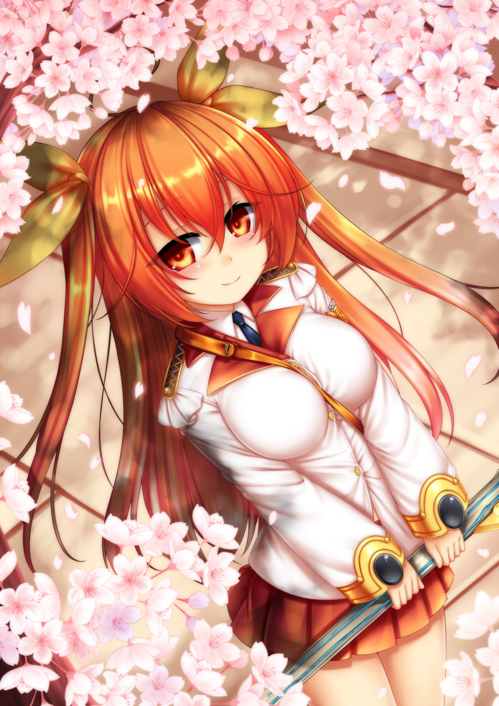 ahoge between_breasts blush breasts cherry_blossoms commentary_request eyes_visible_through_hair flower hair_between_eyes hair_ribbon highres long_hair looking_at_viewer medium_breasts mehlis_(sennen_sensou_aigis) minaha_(playjoe2005) orange_hair petals pleated_skirt red_eyes ribbon sennen_sensou_aigis skirt smile solo strap_cleavage two_side_up