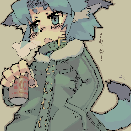 5_fingers ambiguous_gender beverage black_tail blue_eyes blue_hair blue_tail breath cat clothed clothing coat collar feline fur hair inner_ear_fluff japanese_text mammal multicolored_tail ricosye solo tan_fur text
