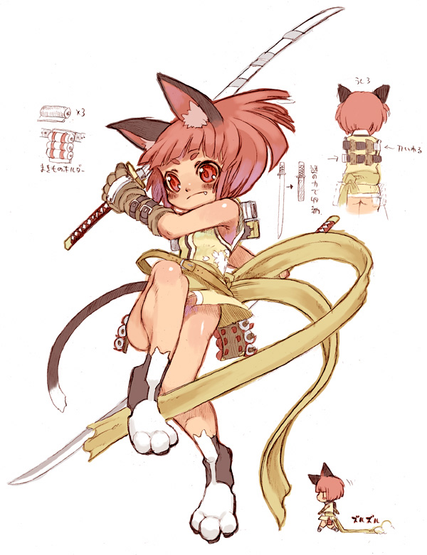 5_fingers animal_humanoid belt black_tail cat_humanoid chibi clothed clothing feline female footwear front_view gloves hair humanoid inner_ear_fluff japanese_text katana legwear mammal melee_weapon multicolored_tail multiple_angles ninja partially_clothed pink_hair red_eyes ricosye shoes side_view sword text weapon white_tail