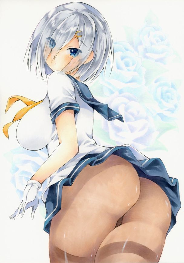 ass blue_eyes blue_flower blue_rose breasts cowboy_shot eyes_visible_through_hair flower gloves hair_ornament hair_over_one_eye hairclip hamakaze_(kantai_collection) kantai_collection large_breasts looking_at_viewer looking_back neckerchief pantyhose pleated_skirt purple_flower purple_rose rose school_uniform serafuku short_hair silver_hair skirt thingtng_(sgma7424) white_gloves yellow_neckwear