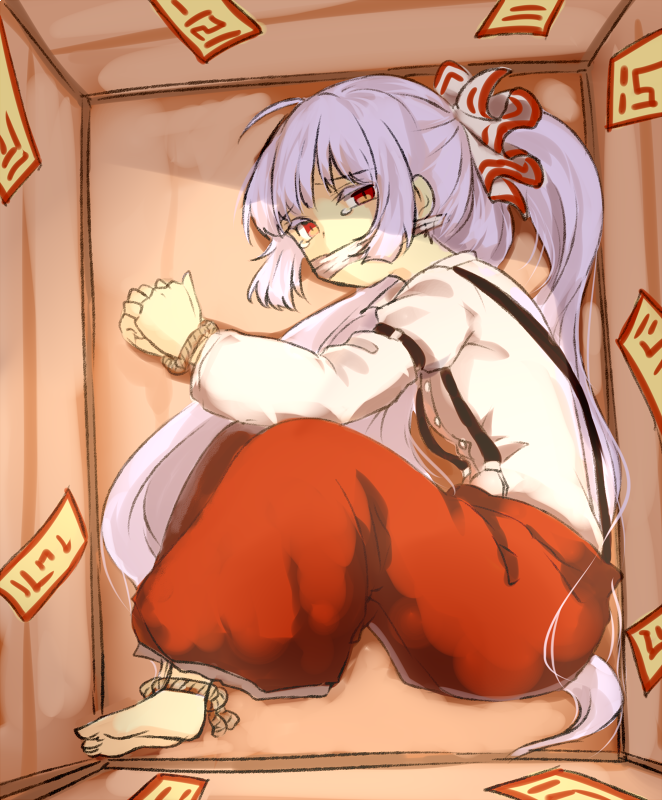 ahoge bangs barefoot bound bound_ankles bound_wrists bow brown_eyes buttons cloth_gag eyebrows_visible_through_hair fujiwara_no_mokou full_body gag gagged grey_hair hair_bow improvised_gag long_hair long_sleeves looking_at_viewer lying miyo_(ranthath) ofuda on_side over_the_mouth_gag pants red_pants shirt solo suspenders tears touhou very_long_hair white_shirt