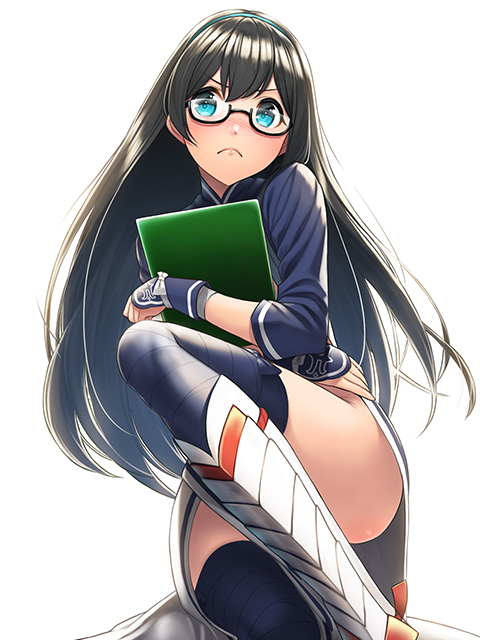 &gt;:( ainu_clothes bangs black-framed_eyewear black_hair black_legwear blue_legwear blush bow bow_legwear clipboard commentary_request cosplay cropped_jacket glasses hair_between_eyes headband holding kamoi_(kantai_collection) kamoi_(kantai_collection)_(cosplay) kantai_collection kyon_(fuuran) long_hair long_sleeves looking_at_viewer no_panties ooyodo_(kantai_collection) semi-rimless_eyewear simple_background solo thighhighs under-rim_eyewear v-shaped_eyebrows very_long_hair white_background wrist_guards