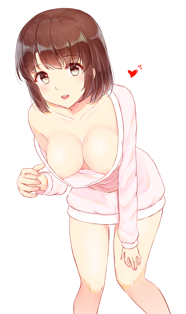 areola_slip areolae bad_id bad_pixiv_id bare_legs breasts brown_eyes brown_hair chouge60229 collarbone dress eyebrows_visible_through_hair feet_out_of_frame hanging_breasts heart katou_megumi leaning_forward long_sleeves looking_at_viewer medium_breasts off_shoulder pink_dress pink_sweater saenai_heroine_no_sodatekata shiny shiny_hair shiny_skin short_hair simple_background single_bare_shoulder solo standing sweater sweater_dress tareme white_background