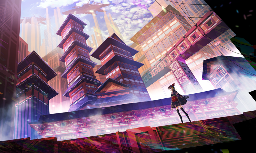 aircraft airship black_legwear building city cloud cloudy_sky commentary_request facing_away japanese_clothes kimono long_hair obi on_roof original outdoors pagoda sash scenery science_fiction short_kimono sky skyscraper someya_mai thighhighs yukata