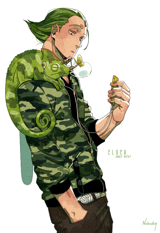 artist_name belt bug butterfly chameleon dated digital_media_player green_hair headphones insect male_focus nekodou_(yukatin1000) one_piece open_mouth simple_background solo vinsmoke_yonji white_background