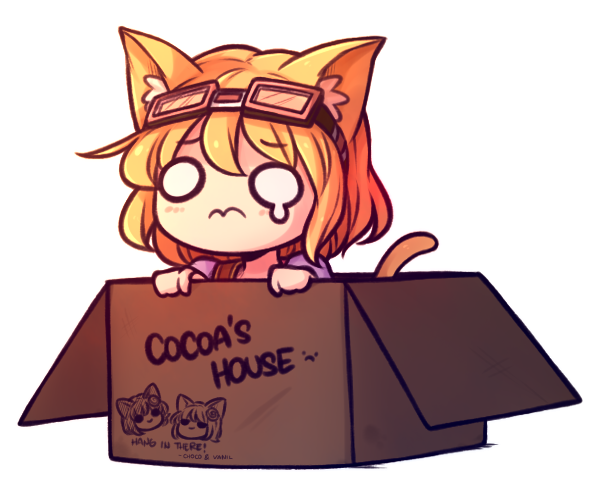 3: animal_ears box cat_ears cat_tail chibi chocolate_(rabi_ribi) cocoa_(rabi_ribi) commentary english english_commentary goggles goggles_on_head in_box in_container o_o orange_hair poverty rabi-ribi solo speckticuls tail tears transparent_background vanilla_(rabi_ribi)