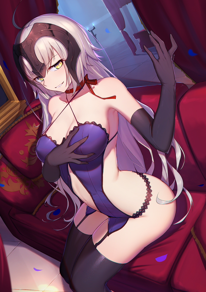 ahoge arched_back armpits backless_outfit bangs bare_shoulders bed black_gloves black_legwear blonde_hair blush breasts butt_crack canopy_bed choker cleavage collarbone couch covered_nipples curtains eyebrows_visible_through_hair fate/grand_order fate_(series) garter_straps gloves indoors jeanne_d'arc_(alter)_(fate) jeanne_d'arc_(fate)_(all) lace_trim langya_beike large_breasts long_hair looking_at_viewer md5_mismatch navel petals red_choker red_ribbon revealing_clothes ribbon ribbon_choker silver_hair sitting slit_pupils smile solo thighhighs tile_floor tiles yellow_eyes