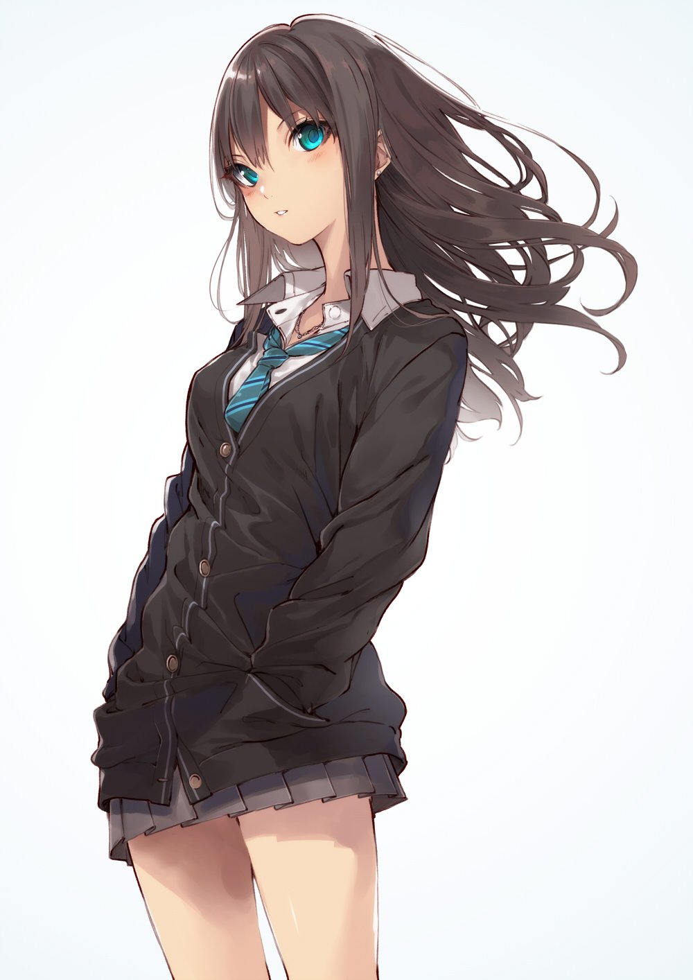 aqua_eyes breasts brown_hair cardigan commentary_request earrings gradient gradient_background hands_in_pockets highres idolmaster idolmaster_cinderella_girls jewelry kuwashima_rein long_hair looking_at_viewer medium_breasts miniskirt necklace necktie parted_lips pleated_skirt school_uniform shibuya_rin sidelocks simple_background skirt solo stud_earrings