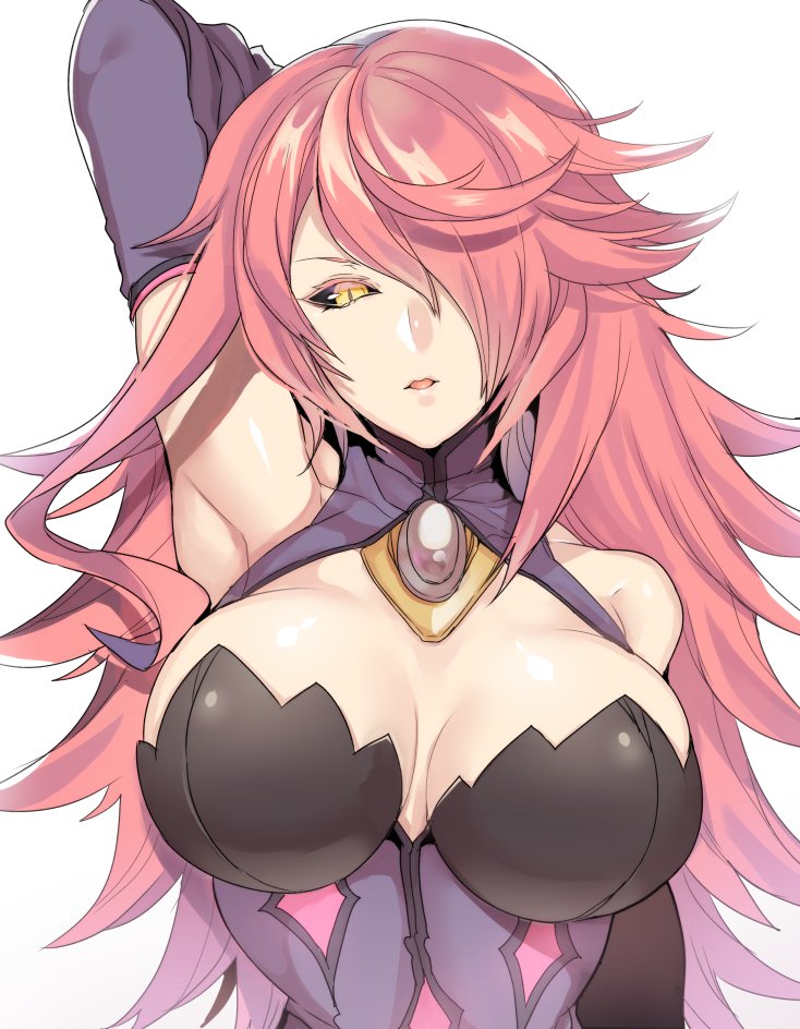 armpits black_sclera blazblue blazblue:_central_fiction breasts cleavage commentary_request gloves hair_over_one_eye konoe_a_mercury large_breasts long_hair looking_at_viewer pink_hair solo uzukinoko yellow_eyes