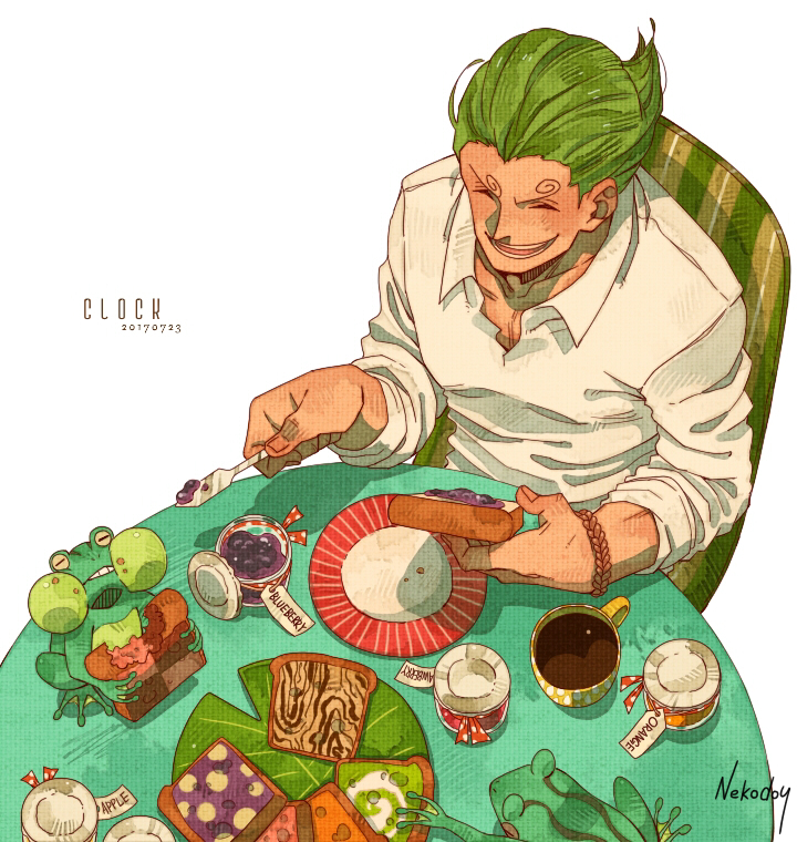artist_name bracelet closed_eyes coffee dated food frog green_hair jewelry male_focus marmalade nekodou_(yukatin1000) one_piece open_mouth simple_background solo teeth toast vinsmoke_yonji white_background