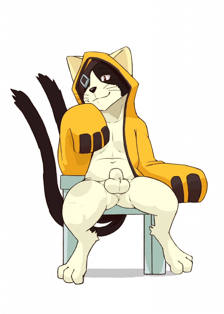 balls blazblue cat chair coat exhibitionism exposed feet feline jubei male mammal nude penis presenting seyrmo_(artist) smile spread_legs spreading tails_(disambiguation) video_games whiskers