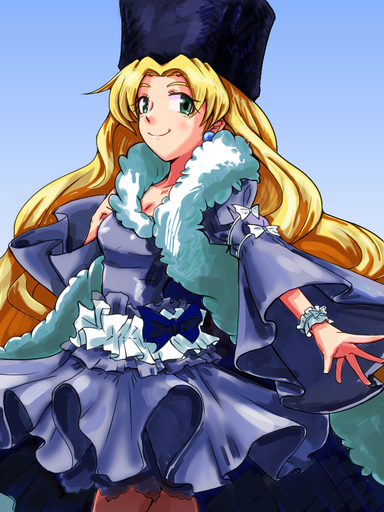 1girl alternate_costume blonde_hair blue_dress blue_earrings blush bow bracelet breasts capcom cleavage dress earrings frilled_dress fur_collar fur_scarf green_eyes hat juliet_sleeves kalinka_cossack long_hair medium_breasts puffy_sleeves rockman rockman_xover saikoraru ushanka wide_sleeves