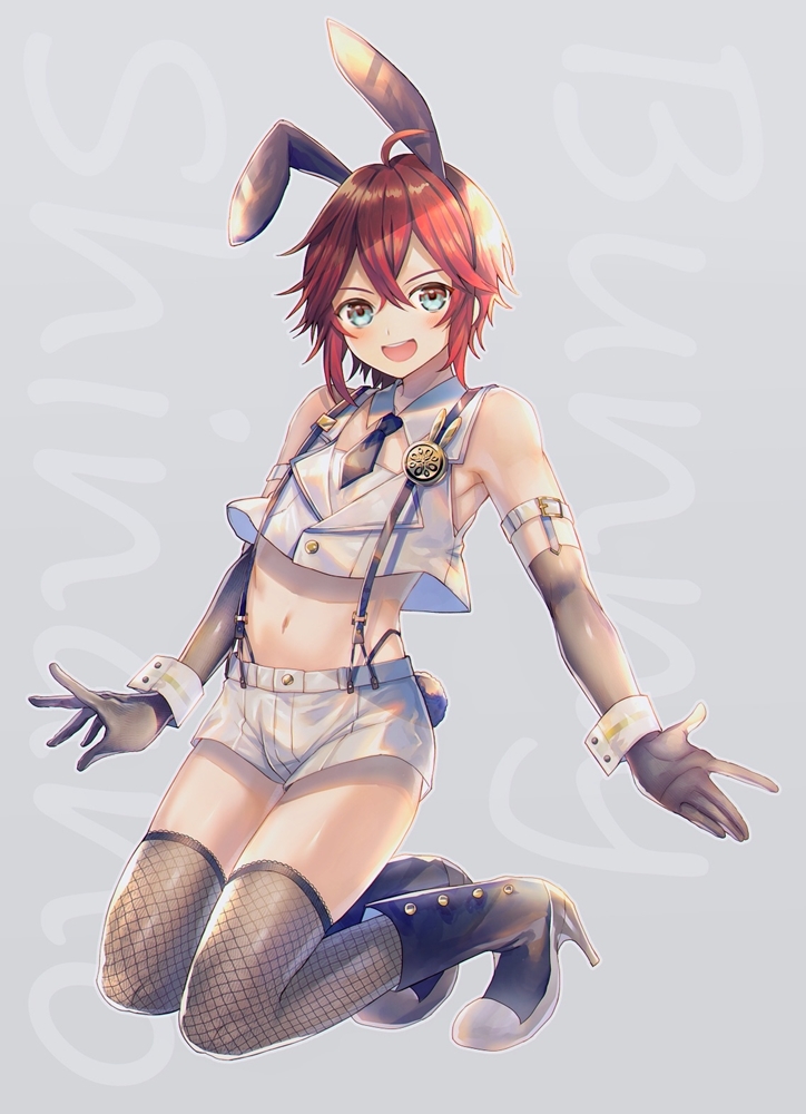 :d abandon_ranka adapted_costume animal_ears black_gloves boots bunny_boy bunny_ears bunny_tail character_name crop_top elbow_gloves english fake_animal_ears fake_tail fishnet_legwear fishnets gloves green_eyes high_heel_boots high_heels kneeling male_focus midriff navel necktie open_mouth red_hair shinano_toushirou shorts smile suspenders tail thighhighs touken_ranbu wrist_cuffs