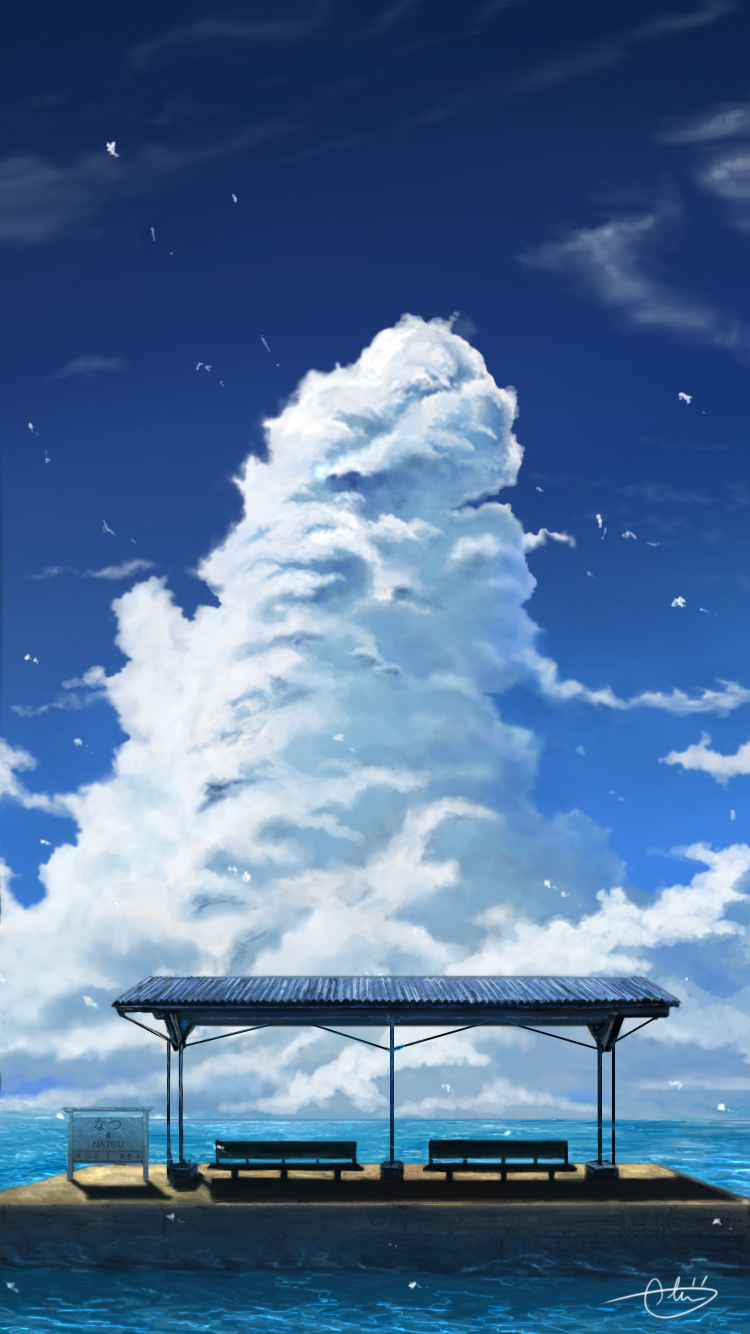 bench blue_sky bus_stop cloud commentary_request day highres no_humans ocean original outdoors partial_commentary scenery sign signature sky summer