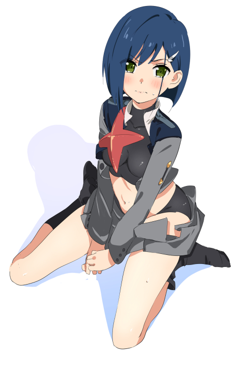 bangs black_legwear black_panties blue_hair blush breasts closed_mouth darling_in_the_franxx eyebrows_visible_through_hair green_eyes grey_jacket grey_skirt hair_ornament ichigo_(darling_in_the_franxx) jacket long_sleeves looking_at_viewer medium_breasts military military_uniform navel no_shoes open_clothes open_jacket open_shirt own_hands_together panties pleated_skirt senjitsu_musou short_hair skirt socks solo underwear uniform white_background