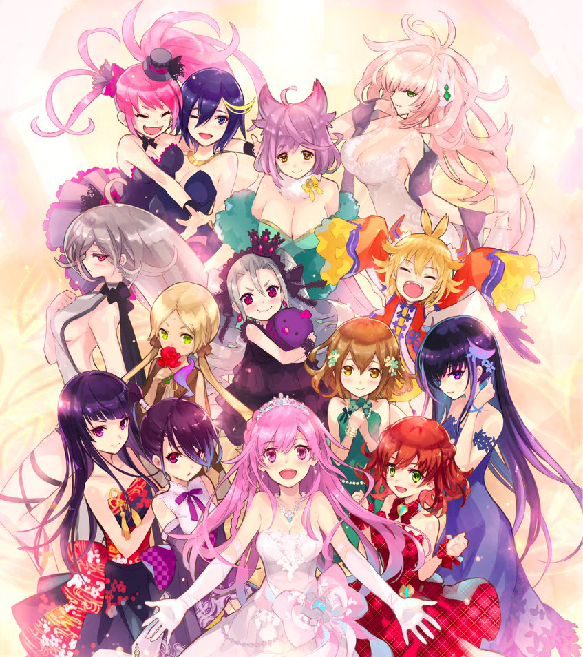 aphrodite_(phantom_of_the_kill) artemis_(phantom_of_the_kill) ascalon_(phantom_of_the_kill) bangs bindi black_hair blonde_hair blue_eyes blush bow breasts bridal_gauntlets brown_eyes brown_hair cleavage dark_skin dress dulyn earrings facial_mark flower forcas forehead_mark freikugel green_eyes grey_hair grimoire_(phantom_of_the_kill) hair_between_eyes hair_ornament hair_ribbon hairclip hat hat_ribbon hug jewelry laevateinn_(phantom_of_the_kill) large_breasts lavender_hair long_hair longinus_(phantom_of_the_kill) looking_at_viewer lossy-lossless low_twintails masamune_(phantom_of_the_kill) medium_breasts multicolored_hair multiple_girls muramasa_(phantom_of_the_kill) necklace official_art open_mouth parashu phantom_of_the_kill pink_eyes pink_hair ponytail purple_eyes purple_hair red_eyes red_hair ribbon rose short_hair shu_(phantom_of_the_kill) sideboob silver_hair skirt smile strapless strapless_dress stuffed_toy tiara twintails two-tone_hair tyrfing_(phantom_of_the_kill) vanargand_(phantom_of_the_kill) very_long_hair yellow_eyes