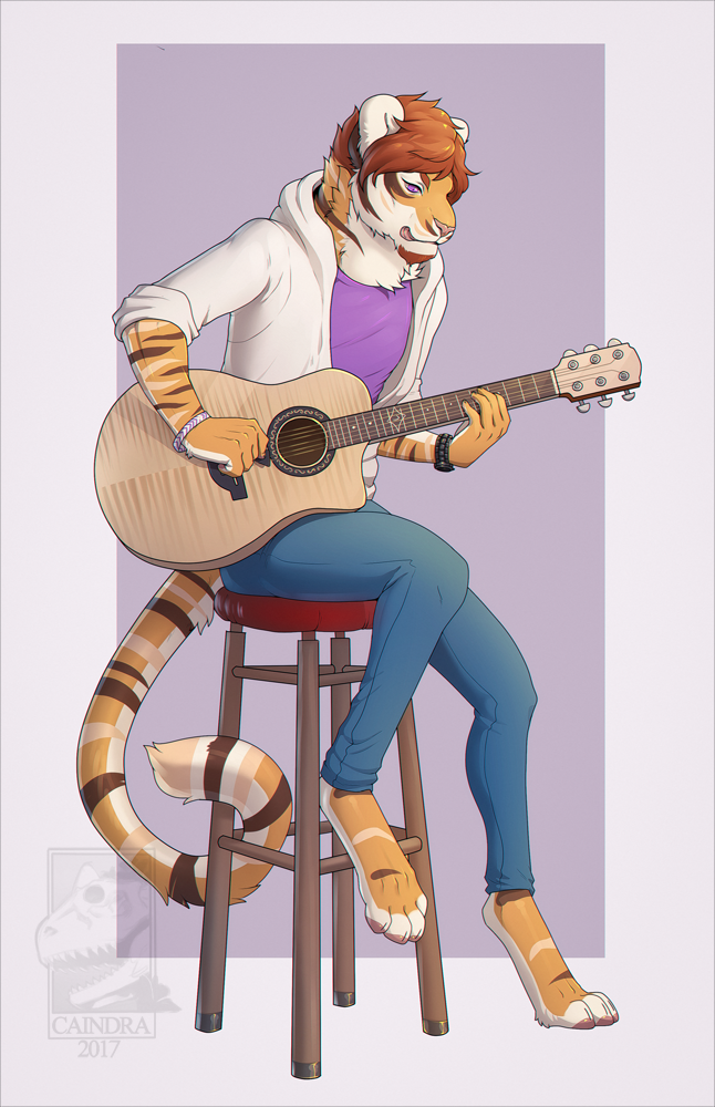 2017 acoustic_guitar anthro barefoot caindra clothed clothing feline graydiel guitar male mammal musical_instrument neck_tuft playing_guitar playing_music purple_eyes sitting solo stool tiger tongue tongue_out tuft