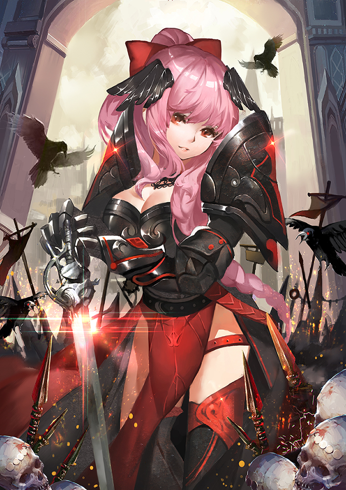 arch armor baiguiyu banner bird black_armor blood boobplate bow breastplate breasts cleavage commentary_request crow gauntlets hair_bow hands_on_hilt land_of_caromag large_breasts light_rays looking_at_viewer pelvic_curtain pink_hair planted_sword planted_weapon ponytail red_bow red_eyes skull solo standing sword weapon