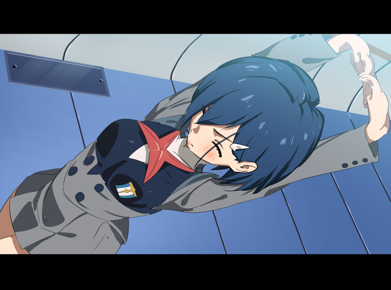 arms_up blue_hair blush breasts closed_eyes closed_mouth commentary_request darling_in_the_franxx dress dutch_angle eyebrows_visible_through_hair fingernails from_above grey_dress hair_ornament hairclip ichigo_(darling_in_the_franxx) indoors letterboxed long_sleeves medium_breasts military military_uniform outstretched_arms senjitsu_musou short_hair skirt solo stretch uniform