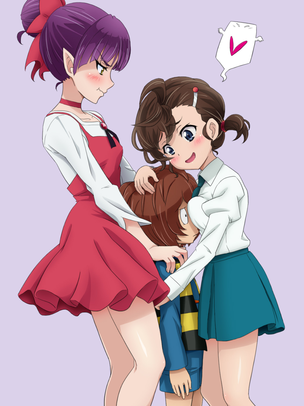 2girls :t between_breasts blue_eyes blush bow breast_press breast_smother breasts brown_hair choker closed_mouth commentary_request dress gegege_no_kitarou girl_sandwich green_skirt hair_bow hair_ornament hairclip heart highres inuyama_mana jealous kitarou lavender_background long_sleeves looking_at_another mameshiba multiple_girls nekomusume nekomusume_(gegege_no_kitarou_6) open_mouth pointy_ears ponytail pout purple_hair red_bow red_choker red_dress sandwiched school_uniform serafuku short_hair short_ponytail simple_background skirt smile spoken_heart standing wavy_mouth yellow_eyes