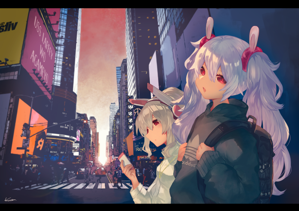 adidas animal_ears ayanami_(azur_lane) azur_lane backpack bag bangs black_shirt brand_name_imitation building bunny_ears car cellphone character_name city commentary_request crosswalk eyebrows_visible_through_hair ground_vehicle hair_between_eyes hair_ornament headgear headphones holding holding_cellphone holding_phone jacket jewelry karinto_yamada laffey_(azur_lane) long_hair motor_vehicle multiple_girls open_mouth outdoors parted_lips pendant phone ponytail red_eyes road shirt silver_hair sky skyscraper street translation_request twintails very_long_hair white_jacket