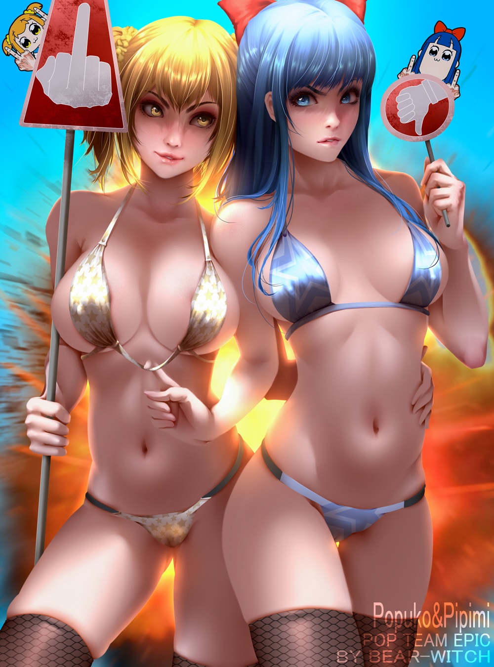 artist_name bangs bearwitch bikini biting black_legwear blonde_hair blue_eyes blue_hair blue_sky bow breasts character_name day explosion hair_bow hair_ornament hair_scrunchie highres holding holding_sign large_breasts legs_apart lip_biting lips long_hair medium_breasts middle_finger multiple_girls navel parted_lips pipimi poptepipic popuko print_bikini realistic red_bow scrunchie sign sky standing star star_print strap_pull swimsuit thighhighs thumbs_down two_side_up yellow_eyes yellow_scrunchie