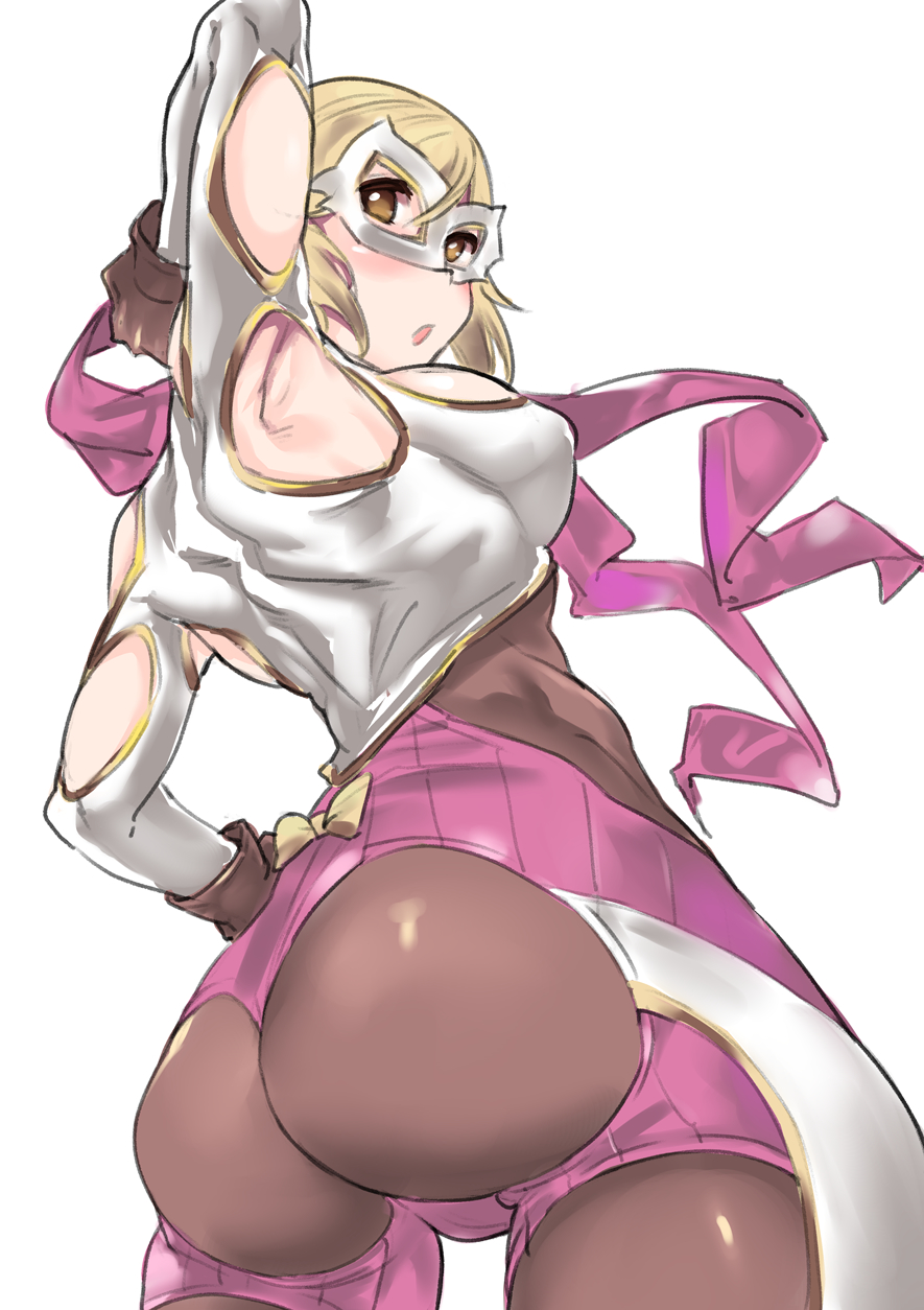 :o arm_up armpit_cutout ass ass_cutout black_legwear blonde_hair blush bodysuit bow breasts cleavage_cutout commentary_request covered_nipples djeeta_(granblue_fantasy) domino_mask granblue_fantasy hand_on_hip highres mask medium_breasts pantyhose rama_(amaru) short_hair solo white_background wrestler_(granblue_fantasy) wrestling_mask wrestling_outfit yellow_bow