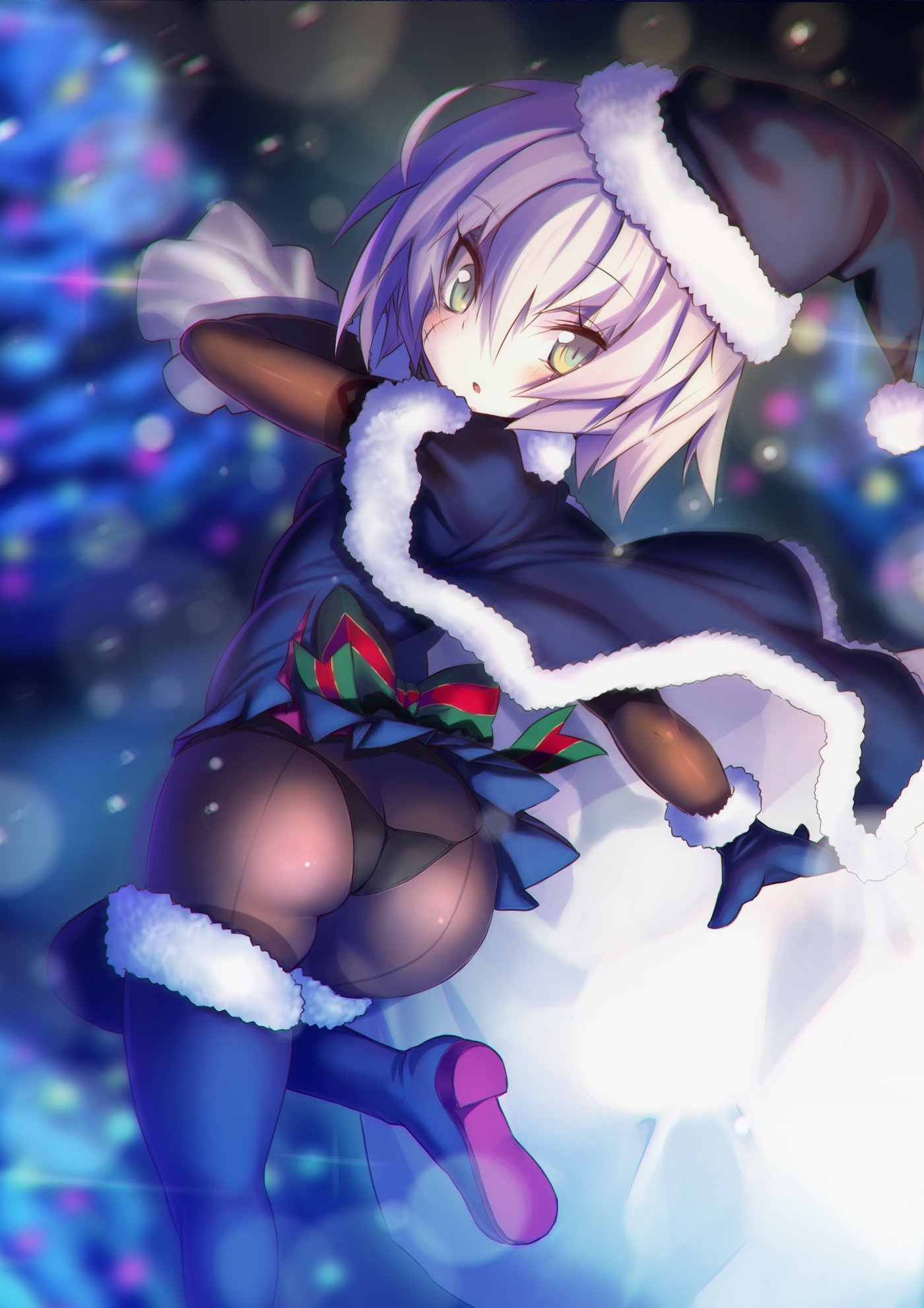 armadillon artoria_pendragon_(all) ass black_panties blue_dress blue_gloves blue_legwear blurry bodystocking bokeh boots cape christmas_tree commentary_request cosplay depth_of_field dress eyebrows_visible_through_hair fate/grand_order fate_(series) from_behind fur_trim gloves green_eyes hair_between_eyes highres jack_the_ripper_(fate/apocrypha) leg_up looking_at_viewer pale_skin panties pantyhose parted_lips pleated_dress sack santa_alter santa_alter_(cosplay) short_dress short_hair solo stitches thigh_boots thighband_pantyhose thighhighs underwear white_hair