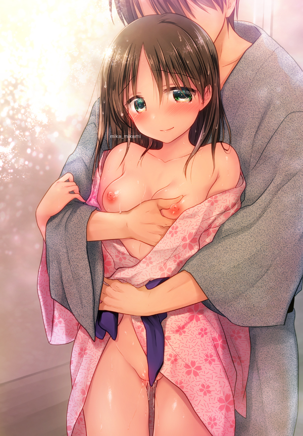 1girl artist_name blush breast_grab breasts breasts_outside brown_hair collarbone commentary_request convenient_censoring cowboy_shot faceless faceless_male floral_print grabbing grabbing_from_behind green_eyes grey_kimono groin groping height_difference incest japanese_clothes kimono long_hair long_sleeves looking_at_viewer mikami_mika open_clothes open_kimono partially_visible_vulva pink_kimono print_kimono pussy_juice shiny shiny_hair small_breasts solo_focus standing sweat wide_sleeves