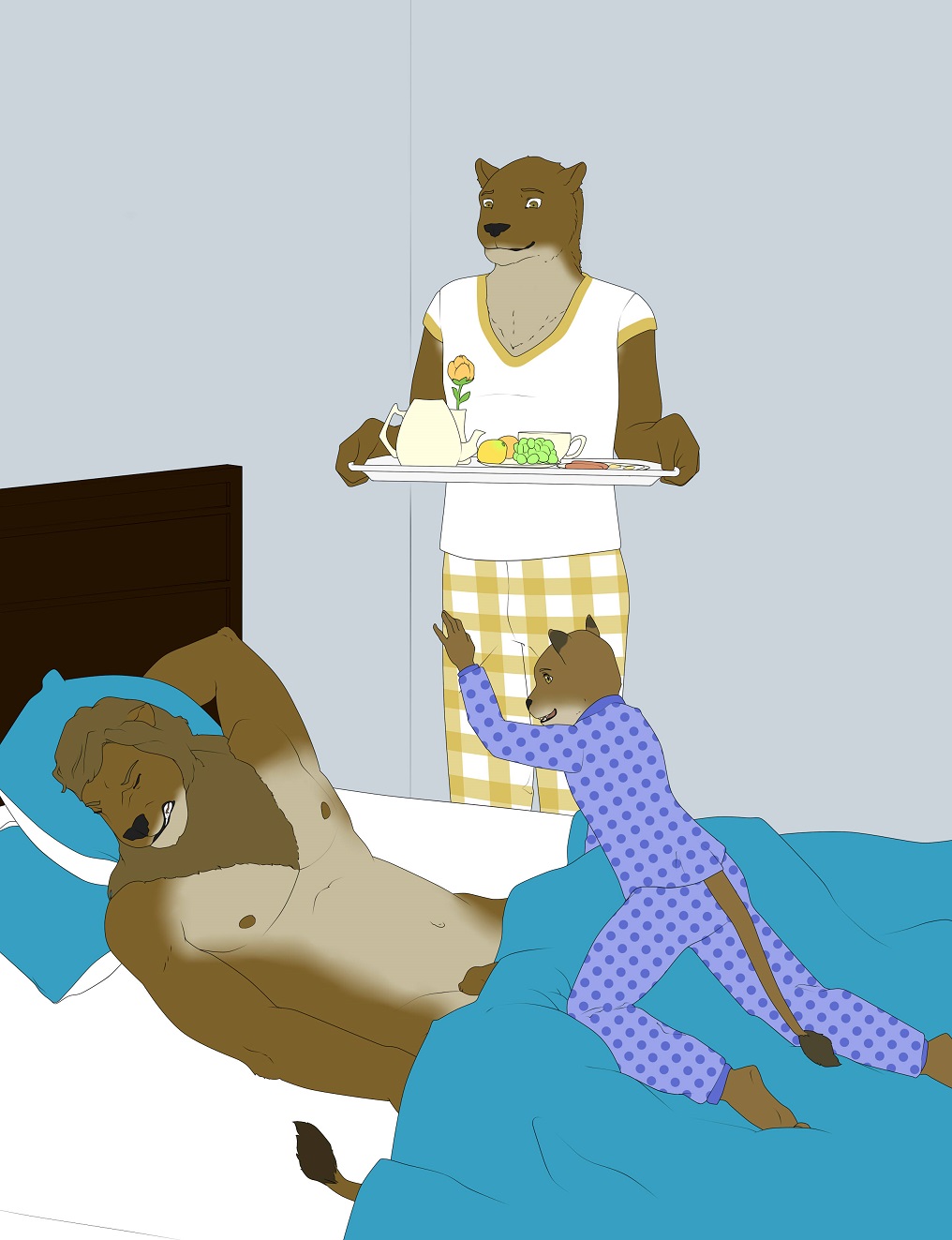 9x9 anthro ballbusting bed breakfast_in_bed clothing cock_and_ball_torture cub father's_day feline holidays lion male mammal nude pain pajamas simple_background young