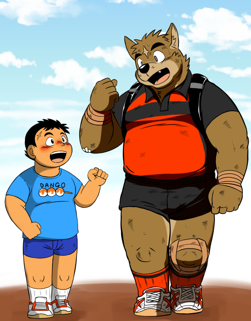 anthro bandage blue_sky canine clothed clothing cloud duo fully_clothed human male mammal muscular muscular_male outside polo_shirt shiba-kenta shirt shorts sky t-shirt tennis_shoes white_socks