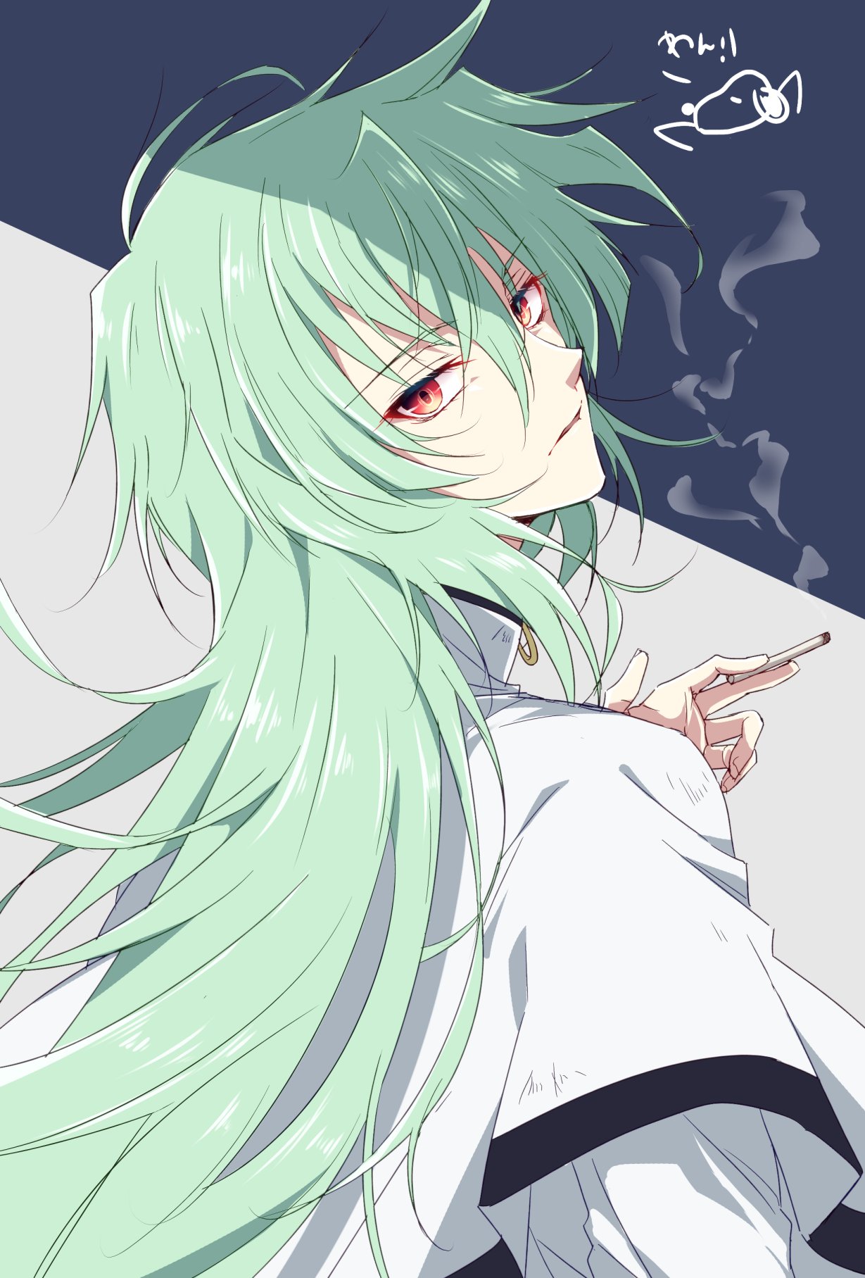 androgynous bad_id bad_twitter_id between_fingers capelet cigarette eteraito expressionless green_hair hair_between_eyes highres kannazuki_no_miko long_hair looking_at_viewer male_focus red_eyes simple_background smoke solo tsubasa_(knm) very_long_hair white_capelet