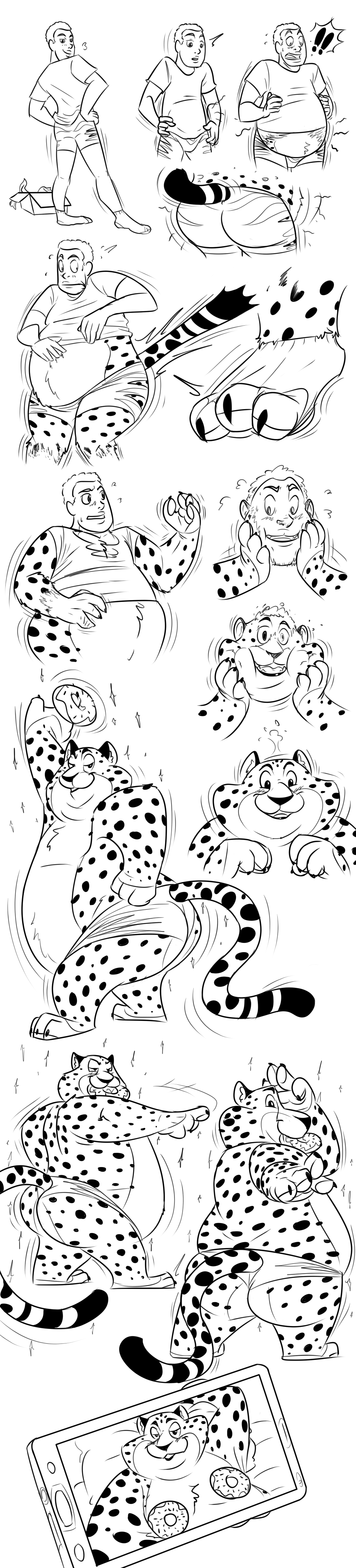 ! 2017 3_toes 5_fingers absurd_res anthro belly benjamin_clawhauser big_belly butt cheetah claws clothed clothing dancing digital_drawing_(artwork) digital_media_(artwork) disney doughnut feline food fur furii hair hi_res human male mammal markings multicolored_fur multicolored_tail open_mouth overweight phone sequence shorts simple_background smile solo spots spotted_fur standing stripes surprise sweat teeth tf_into_fictionnal_character toe_claws toes topless torn_clothing transformation weight_gain white_background zootopia zootopia_shorts