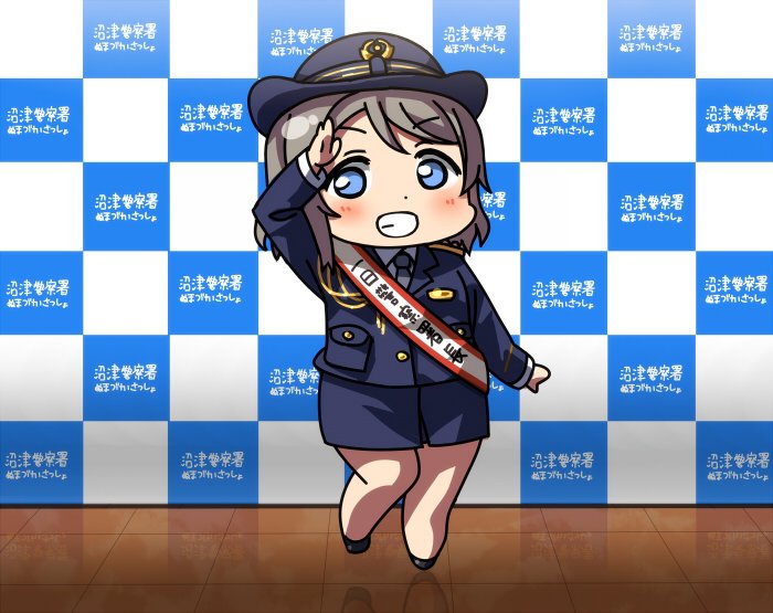 black_footwear blue_eyes blue_jacket blue_neckwear blue_skirt blush checkered checkered_wall chibi commentary_request female_service_cap grey_hair grin hat jacket long_sleeves looking_at_viewer love_live! love_live!_sunshine!! necktie pencil_skirt police police_hat police_uniform policewoman reflective_floor saitou_shuka salute sash seiyuu_connection short_hair skirt smile sofmap_background solo standing step_and_repeat tile_floor tiles uniform usamaru67pi watanabe_you