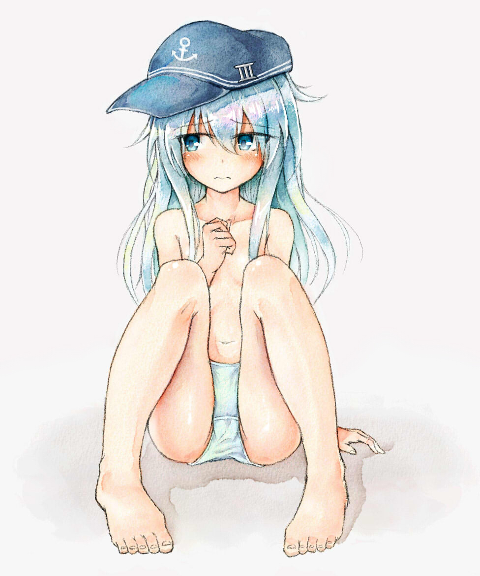 1girl anchor_symbol barefoot black_hat blue_eyes blush breasts collarbone embarrassed eyebrows_visible_through_hair feet female full_body hand_up hat have_to_pee hibiki_(kantai_collection) jpeg_artifacts kantai_collection long_hair looking_away looking_to_the_side navel panties shiny_skin silver_hair simple_background sitting small_breasts solo textless toes topless traditional_media underwear underwear_only watakarashi white_background white_panties