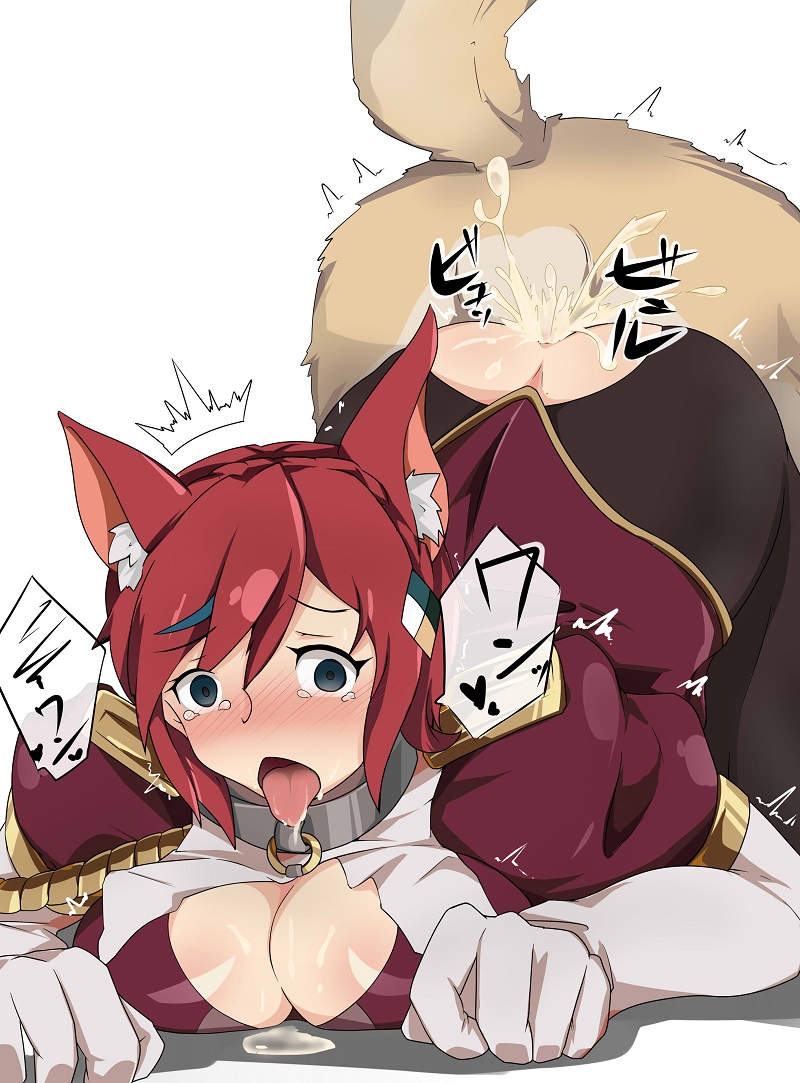 acuto animal animal_ears bestiality blush breasts cleavage clothed_sex cum cum_in_pussy dog dog_ears large_breasts pantyhose red_eyes red_hair ril_(wixoss) sex simple_background tears tongue top-down_bottom-up torn_clothes torn_legwear vaginal white_background wixoss