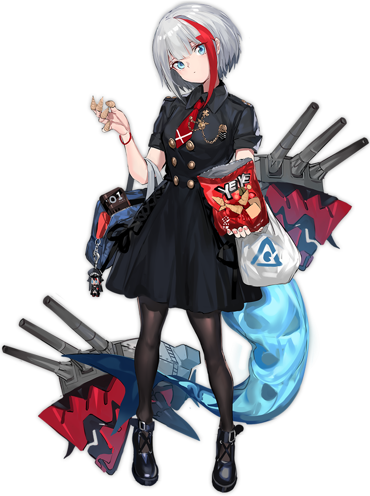 admiral_graf_spee_(azur_lane) aiguillette azur_lane bag bag_of_chips bangs black_dress black_footwear black_legwear blue_eyes breasts bugles buttons charm_(object) chips closed_mouth collared_dress deutschland_(azur_lane) dress eyebrows eyes_visible_through_hair fingernails fish_tail food full_body hair_between_eyes head_tilt holding holding_bag iron_cross legs_apart looking_away machinery multicolored_hair nail_polish necktie official_art pantyhose pink_nails plastic_bag ran_(pixiv2957827) red_hair red_neckwear reichsadler school_bag shoes shopping_bag short_dress short_hair short_hair_with_long_locks short_sleeves silver_hair skull skull_and_crossbones small_breasts solo standing streaked_hair tachi-e tail transparent_background turret two-tone_hair wristband