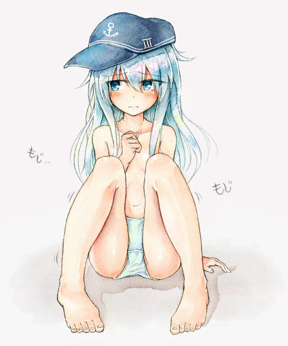 1girl anchor_symbol barefoot black_hat blue_eyes blush breasts collarbone embarrassed eyebrows_visible_through_hair feet female full_body hand_up hat have_to_pee hibiki_(kantai_collection) jpeg_artifacts kantai_collection long_hair looking_away looking_to_the_side navel panties shiny_skin silver_hair simple_background sitting small_breasts solo toes topless traditional_media translation_request underwear underwear_only watakarashi white_background white_panties
