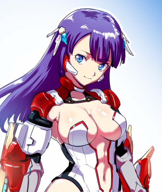 aerial_drive aoba_(smartbeat) arm_guards bangs blue_background blue_eyes blunt_bangs blush breasts center_opening closed_eyes closed_mouth eyebrows_visible_through_hair fate/grand_order fate_(series) gradient gradient_background headgear large_breasts leotard long_hair navel purple_hair revealing_clothes saint_martha shiny shiny_hair shiny_skin smile solo stomach straight_hair strapless strapless_leotard upper_body white_leotard