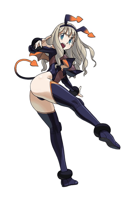 aqua_eyes ass black_legwear blonde_hair demon_tail fake_tail full_body hairband ishikawa_hideki long_hair long_sleeves lovers_inose official_art open_mouth ring_dream simple_background solo tail thighhighs twisted_torso white_background wrestling_outfit