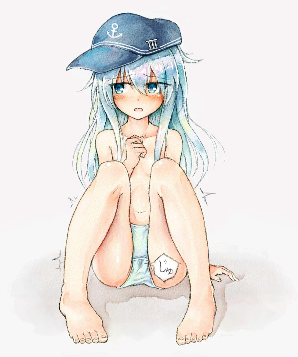 1girl anchor_symbol black_hat blue_eyes blush breasts collarbone embarrassed eyebrows_visible_through_hair feet female full_body hand_up hat have_to_pee hibiki_(kantai_collection) jpeg_artifacts kantai_collection long_hair looking_away looking_to_the_side navel open_mouth panties pee_stain shiny_skin silver_hair simple_background sitting small_breasts solo topless traditional_media translation_request underwear underwear_only watakarashi wet_clothes wet_panties white_background white_panties