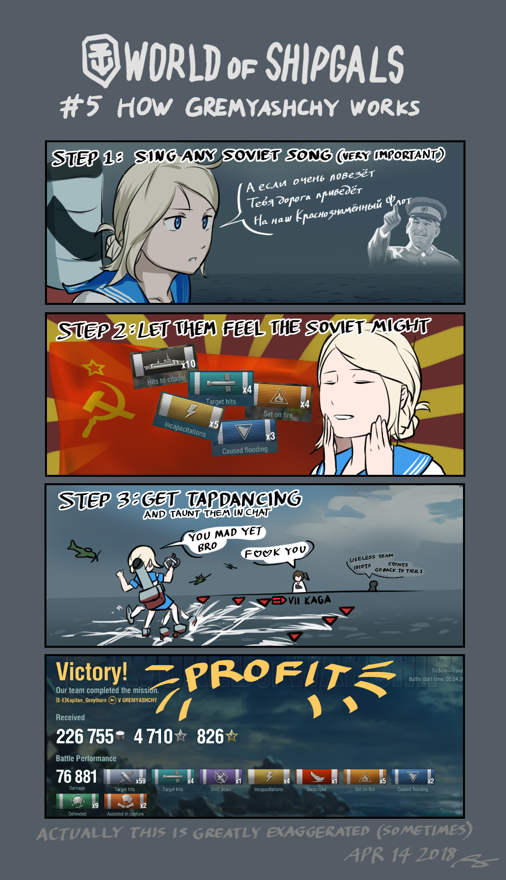 4koma blonde_hair blue_eyes blue_sailor_collar blue_skirt censored_text closed_eyes comic commentary dated english english_commentary feels_good_man gameplay_mechanics gremyashchy_(greythorn032) greythorn032 hammer_and_sickle highres horizon joseph_stalin kaga_(kantai_collection) kantai_collection macedonian_flag meme miniskirt multiple_girls numbered ocean original outdoors parody profanity real_life rigging russian sailor_collar school_uniform sequential serafuku shirt short_sleeves skirt sleeve_cuffs soviet_flag standing standing_on_liquid sunburst translated truth white_shirt world_of_warships