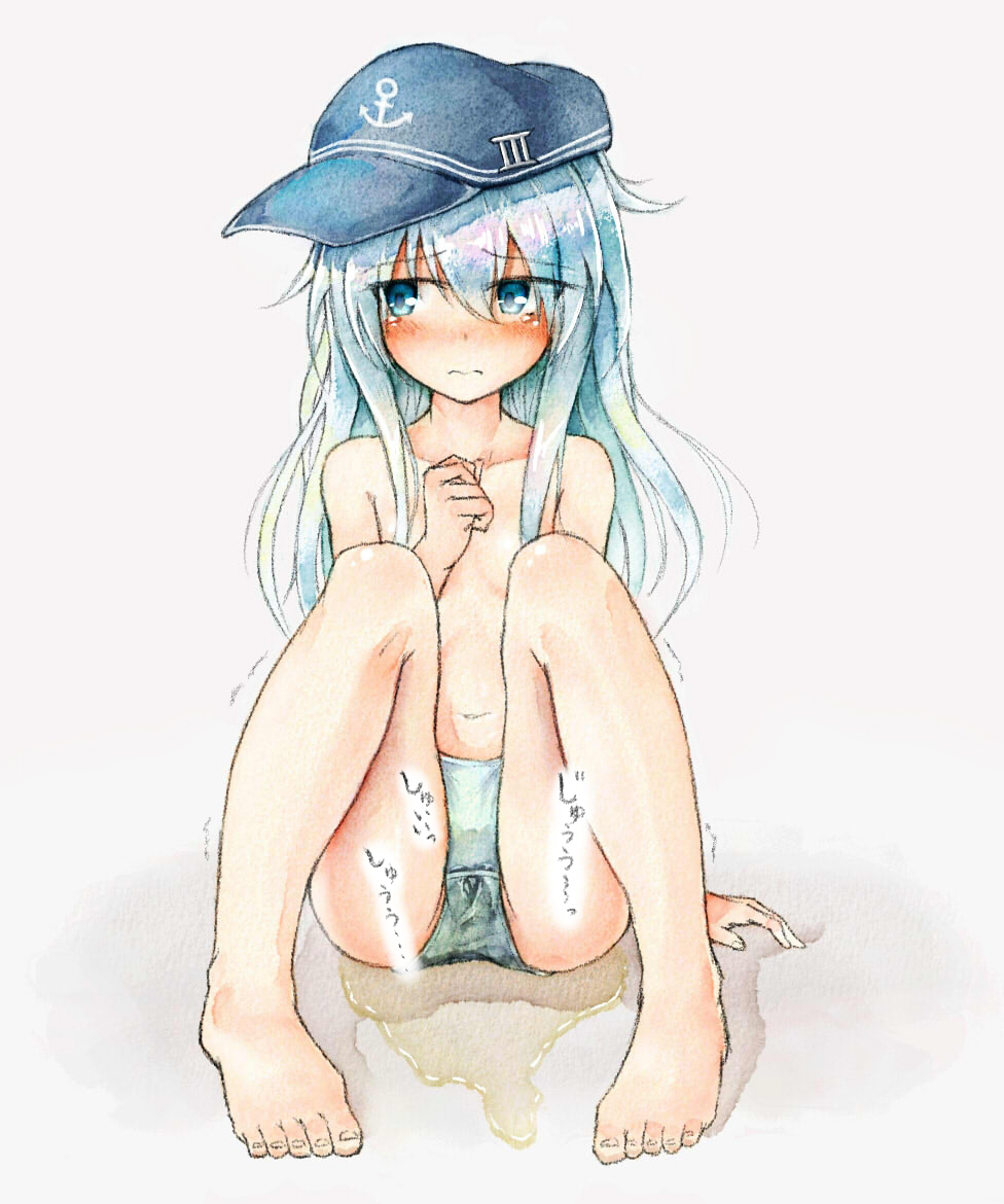 1girl anchor_symbol black_hat blue_eyes blush breasts collarbone embarrassed eyebrows_visible_through_hair feet female full_body hand_up hat hibiki_(kantai_collection) jpeg_artifacts kantai_collection long_hair looking_away looking_to_the_side navel open_mouth panties peeing peeing_self puddle shiny_skin silver_hair simple_background sitting small_breasts solo tears topless traditional_media translation_request underwear underwear_only watakarashi wet_clothes wet_panties white_background white_panties