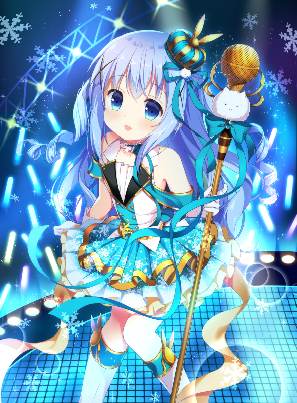 :d bare_shoulders blue_eyes blue_hair commentary crown daydream_show drill_hair eyebrows_visible_through_hair gloves glowstick gochuumon_wa_usagi_desu_ka? hair_ornament idol ikataruto kafuu_chino knees_together_feet_apart long_hair looking_at_viewer microphone open_mouth smile snowflakes solo stage tippy_(gochiusa) twin_drills two_side_up white_gloves x_hair_ornament