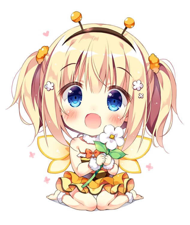 :d ankleband antennae bangs barefoot bee_costume blonde_hair blue_eyes blush chibi commentary_request dress eyebrows_visible_through_hair fake_antennae flower frilled_dress frills hair_flower hair_ornament hairband holding holding_flower looking_at_viewer open_mouth orange_scrunchie original pan_(mimi) scrunchie simple_background sitting smile solo striped striped_dress twintails wariza white_background wings wristband